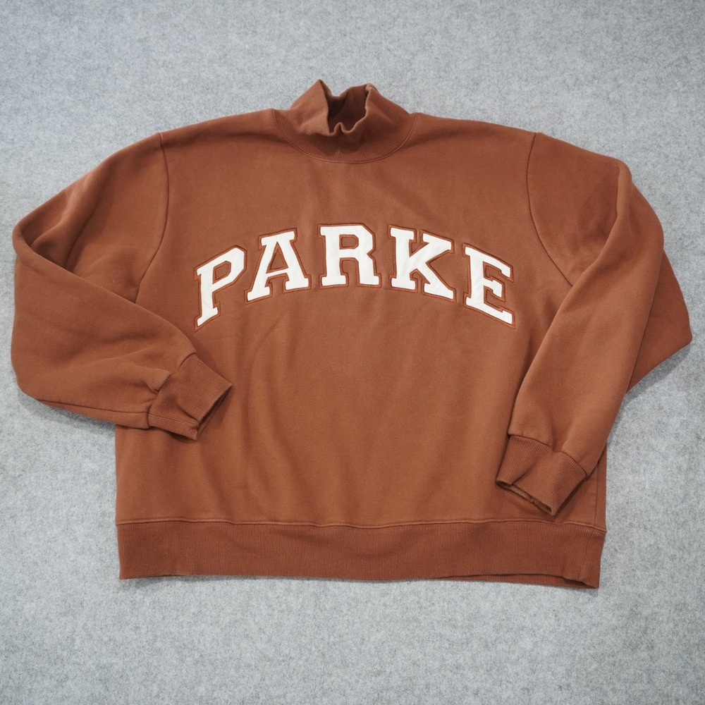 Parke L/XL Sweatshirt Brown Cozy Oversized Mock Neck Varsity Logo Pullover